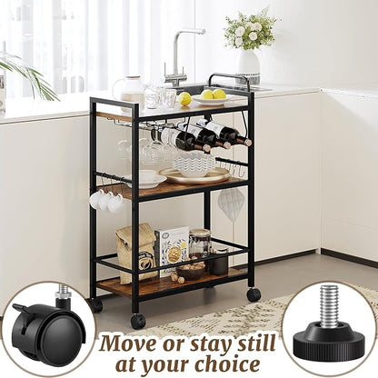 Home Bar Serving Cart, Serving Cart with Wheels and Handle, 3 Tier Rolling Kitchen Cart, Microwave Cart, Beverage Cart with Wine Holder and Glass Holders, for Dinning Room, Living Room, Kitchen