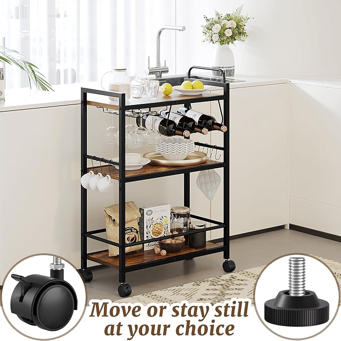 Home Bar Serving Cart, Serving Cart with Wheels and Handle, 3 Tier Rolling Kitchen Cart, Microwave Cart, Beverage Cart with Wine Holder and Glass Holders, for Dinning Room, Living Room, Black