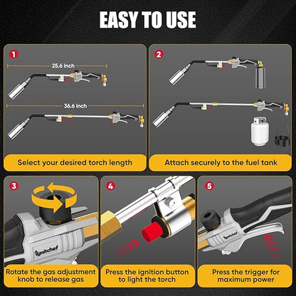 Propane Torch Weed Burner Heavy Duty-340,000 BTU Weed Torch with 2 Extension Modes, Piezo Trigger(Self Igniting)&12.5ft Hose, Multi-Fuel Compatible(1lb-100lb) for Weeds, Ice Melting, Roofing