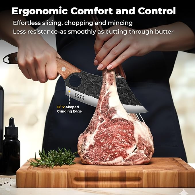 Hakai Chef Cleaver Knife – Full Tang High Carbon Stainless Steel Butcher Knife with Ergonomic Rosewood Handle & Leather Sheath – Sharp Meat Cutting Knife for Kitchen, Camping & BBQ