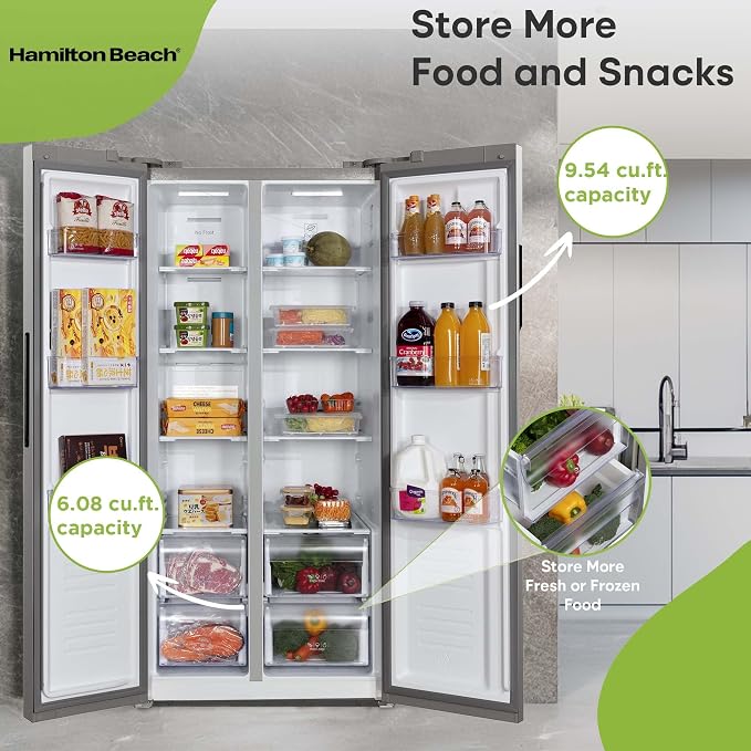Hamilton Beach HBF1558 15.6 cu ft Counter Depth Full Size Refrigerator, Side Doors, Stainless
