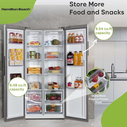Hamilton Beach HBF1558 15.6 cu ft Counter Depth Full Size Refrigerator, Side Doors, Stainless