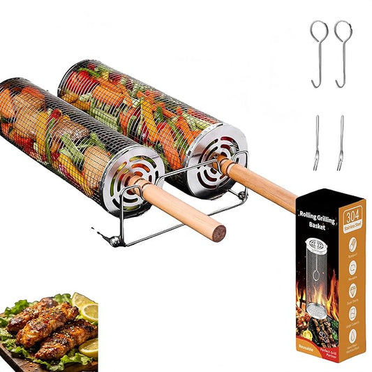 304 Stainless Steel Rotating Grill Basket Set (2 Sizes) - Food-Grade BBQ Grill Basket for Vegetables/Shrimp + Grilling Net & BBQ Accessories (1 Fork, 2 Hooks, 2 Tongs)