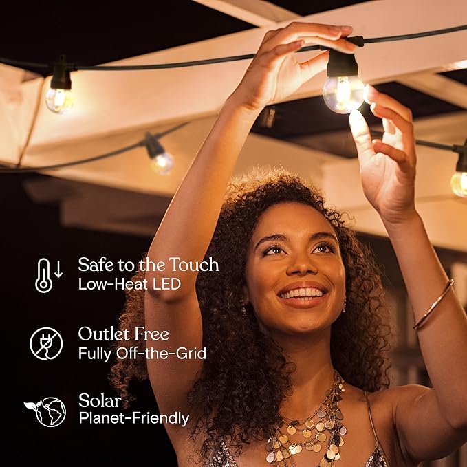 Brightech Ambience Pro 27 Ft Solar Powered Outdoor String Lights - Commercial Grade Waterproof Patio Lights Withn Edison Globes, Shatterproof LED String Lights for Patio - 1W, Warm White, 12 Bulbs