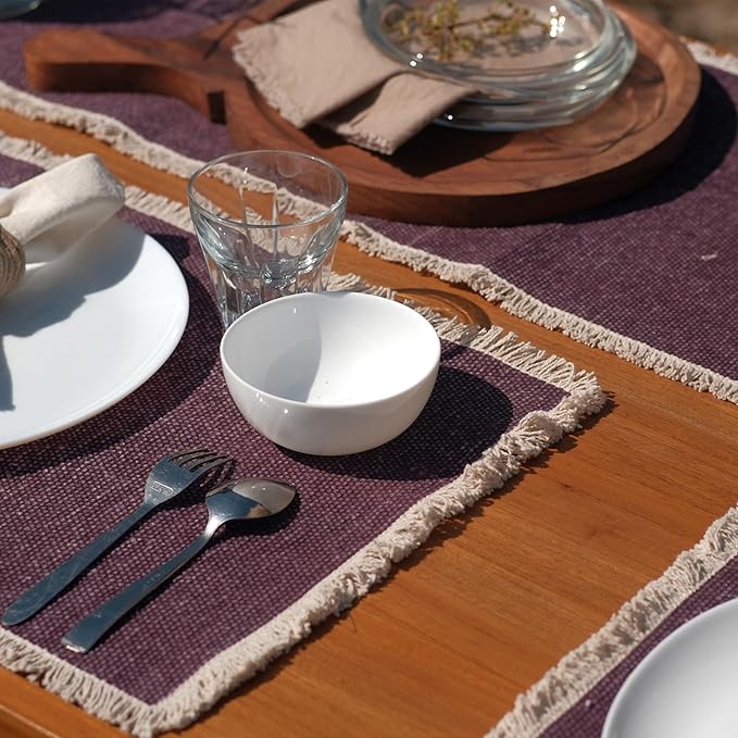 Hausattire Cotton Frayed Placemats Set of 6 Dining Table 14x14 Inch | Rustic Vintage Boho Washable Easter Placemat for Outdoor Parties BBQ's Spring, Holiday, Special Occasions, Nubby Cotton - Plum