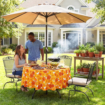 Poise3EHome 60 inches Round Outdoor Tablecloth with Umbrella Hole and Zipper,Spillproof Patio Table Cloth for Camping Picnic Party Garden Table, Yellow Flower