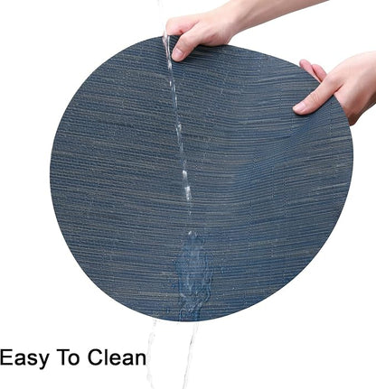 15 Inch Round Placemats Set of 4, Washable Vinyl Woven Place Mats | Heat Resistant Non-Slip Braided Table Mats for Dining Table Kitchen Indoor & Outdoor Use (Black Dark Blue, Set of 4)