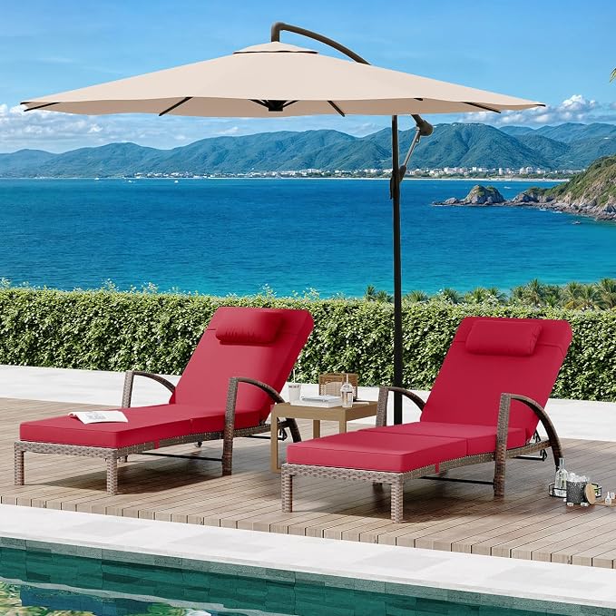GarveeLife 2-Piece Rattan Patio Folding Chaise Lounge, 5-Position Adjustable Backrest Outdoor Lounge Chair with Cushion and Pillow for Poolside, Backyard, Deck, Porch, Red