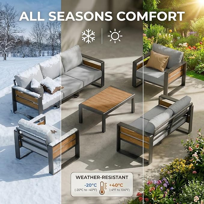 ZANDOR Aluminum Outdoor Patio Furniture Set with Table,4 Seat, Grey | Rustproof,High weight capacity,Water-repellent,Washable Cover,All-Weather Resistant,Easy clean,for Poolside Backyard Deck