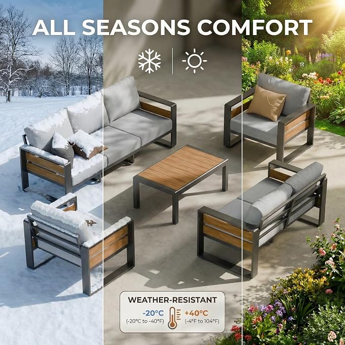 ZANDOR Aluminum Outdoor Patio Furniture Set with Table,5 Seat, Grey | Rustproof,High weight capacity,Water-repellent,Washable Cover,All-Weather Resistant,Easy clean,for Poolside Backyard Deck