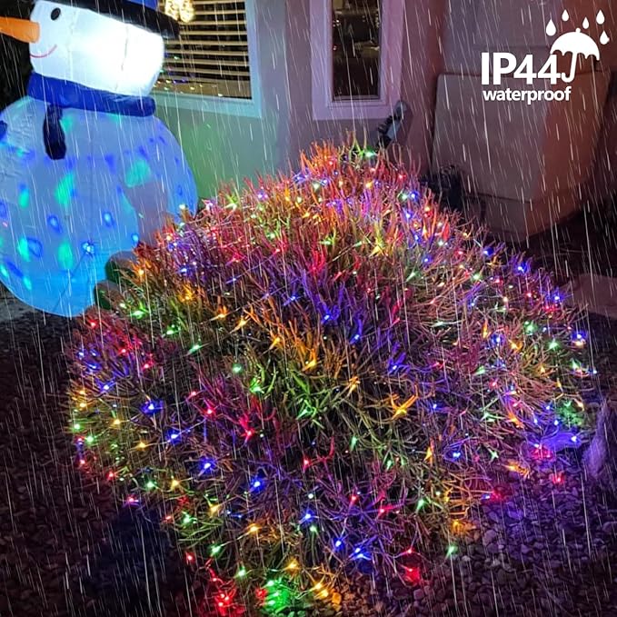 QITONG Net Lights Outdoor Mesh Lights, 12ft x 5ft 360 LED Multicolor Christmas Light with 8 Modes, Connectable Clear Wire Bush Light Plug in