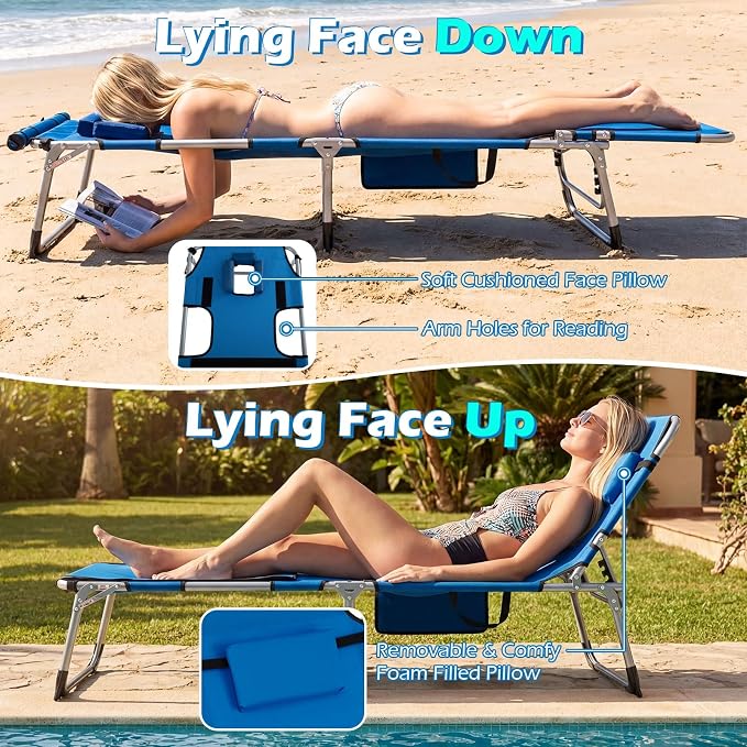 GYMAX Tanning Chair, 330LBS Beach Lounge Chair with Face Arm Hole & Hand Shoulder Strap, Folding Layout Sunbathing Chair, Face Down Outdoor Chaise Lounger for Patio, Poolside, Lawn, Backyard (1, Blue)