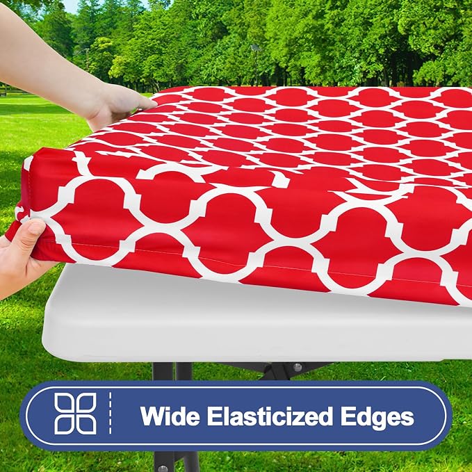 Smiry Picnic Table Cover with Bench Covers, Waterproof Elastic Fitted Tablecloth for 6 Foot Tables, Washable Polyester Tablecloths for Camping, Indoor & Outdoor (Red, 30x72 Inch 3-pc Set)