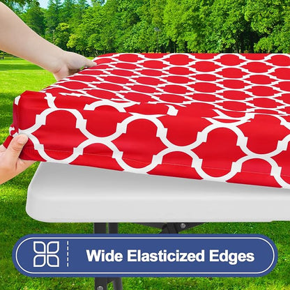 Smiry Picnic Table Cover with Bench Covers, Waterproof Elastic Fitted Tablecloth for 5 Foot Tables, Washable Polyester Tablecloths for Camping, Indoor & Outdoor (Red, 30x60 Inch 3-pc Set)