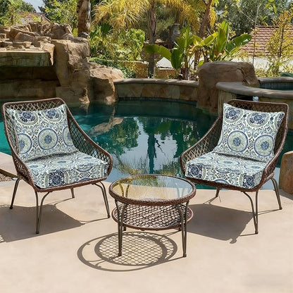 DYTXIII Outdoor Deep Seat Cushion Set, Water Repellent 22"x22" Patio Thick Cushions Replacement with Seat & Back Pillow for Patio Sofa, Wicker Chair, Couch - Wreath Blue