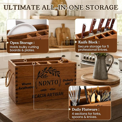 Large Farmhouse Acacia Wood Kitchen Utensil Holder with Knife Block | Kitchen Utensil Holder for Countertop with Cutting Board Storage & Rope Handles for Kitchen Counter, Island & Dining Room