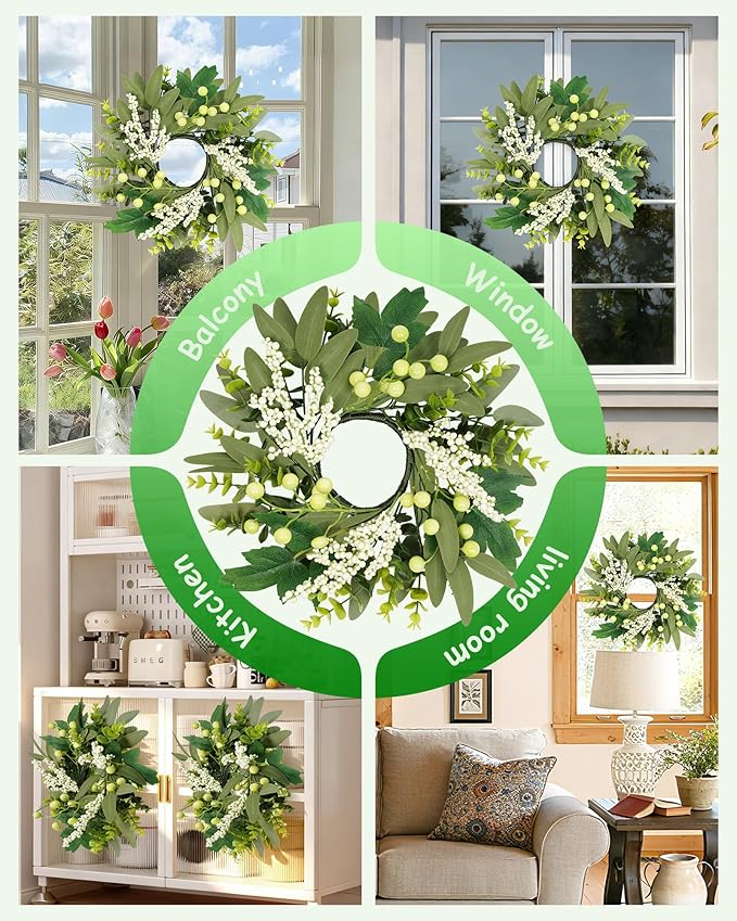 Vlorart 2 Pcs 12inch Eucalyptus Wreaths, Artificial Farmhouse Green Wreath with Boxwood Leaves and Mixed Berries, Mini Wreaths for Front Door, Wall, Window, Cabinet, Wedding, Indoor Outdoor All Season