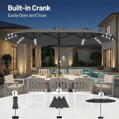 AreShark 13 FT Patio Umbrella with Solar Lights, Double-Sided Outdoor Table Umbrellas with Crank, Large Rectangular Market Umbrella for Porch, Lawn, Pool, Backyard, Gray