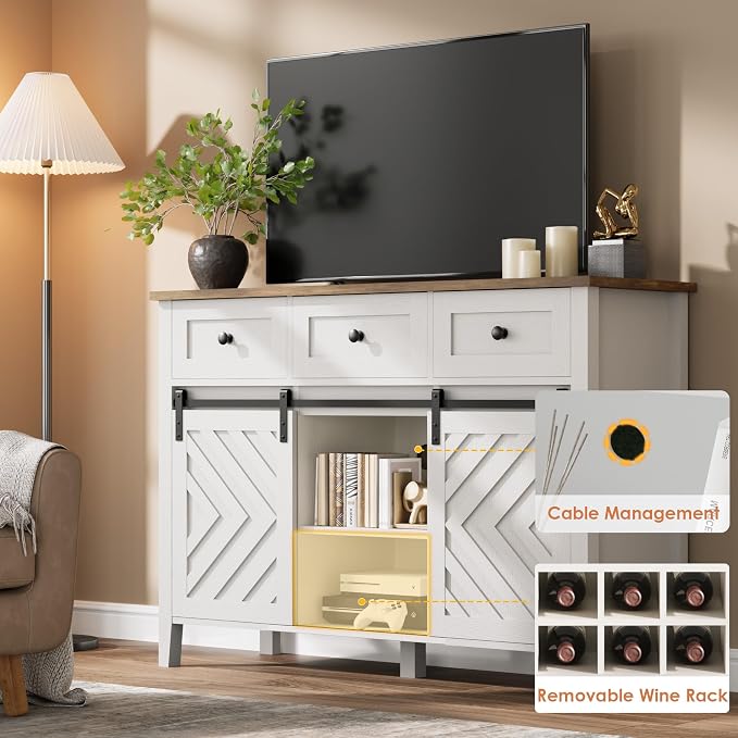 CABIHOME Farmhouse 47.2'' Buffet Cabinet with Sliding Barn Door, 33.4'' Tall Wood Rustic Sideboard with 3 Drawer, Adjustable Shelf and Removable Wine Rack for Dining Room, Kitchen, Living Room, White
