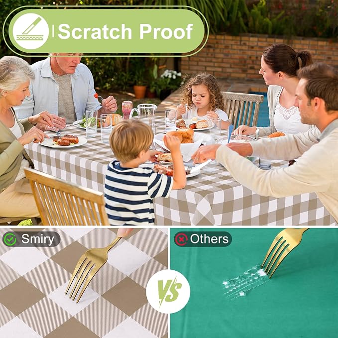 Smiry Picnic Table Cloth, Vinyl Tablecloths with Flannel Backing, 54"x54" | Waterproof Square Table Cloth, Wipeable Buffalo Plaid Table Cover for Indoor and Outdoor (Khaki & White)