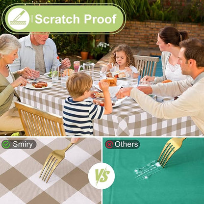 Smiry Picnic Table Cloth, Vinyl Tablecloths with Flannel Backing, 54"x54" | Waterproof Square Table Cloth, Wipeable Buffalo Plaid Table Cover for Indoor and Outdoor (Khaki & White)