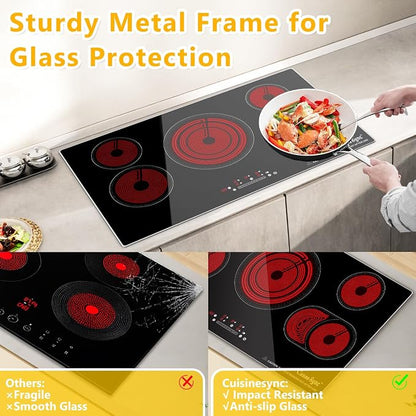 36 Inch Electric Cooktop 5 Burner Radiant Stove Top 9200W | 220-240V hardwired radiant cooktop with expandable zones independent timers overflow protection and flat-bottom cookware use