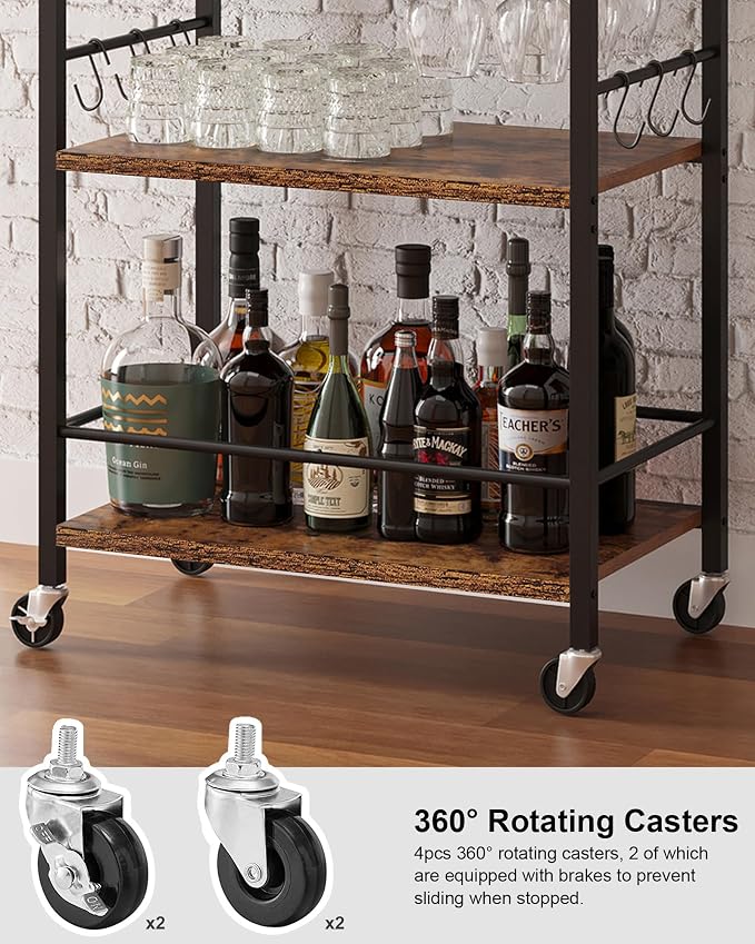 TUTOTAK Bar Cart with Wheels, Mini Drink Cart with Wine Rack & Glass Holder | 3-Tier 17 Inch Wide Home Bar Serving Carts, Small Mobile Kitchen Shelf with 6 Hooks, Rustic Brown BC01BB035