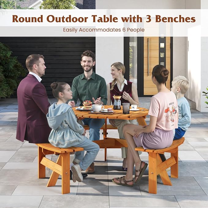 Tangkula 6-Person Wood Picnic Table, Outdoor Round Table and Bench Set with 3 Built-in Benches, Umbrella Hole, Perfect for Outside, Patio, Garden, Backyard, Porch (6-Person,Yellow)