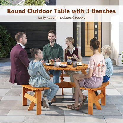 Tangkula 6-Person Wood Picnic Table, Outdoor Round Table and Bench Set with 3 Built-in Benches, Umbrella Hole, Perfect for Outside, Patio, Garden, Backyard, Porch (6-Person,Yellow)