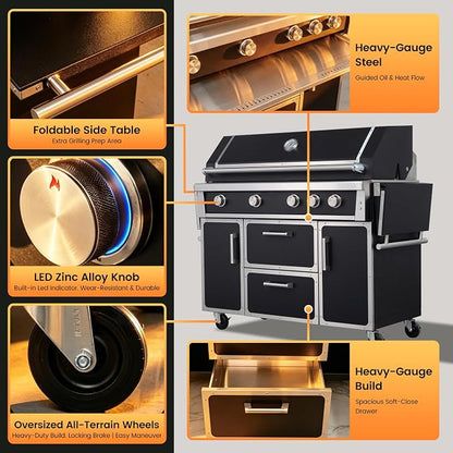 49" Stainless Steel Propane Gas Grill, 4 Burners & Infrared Burner, Black | 304 stainless steel 99,000 BTU Infrared burner Versatile cooking space Storage drawers Warming rack Versatile cooking space