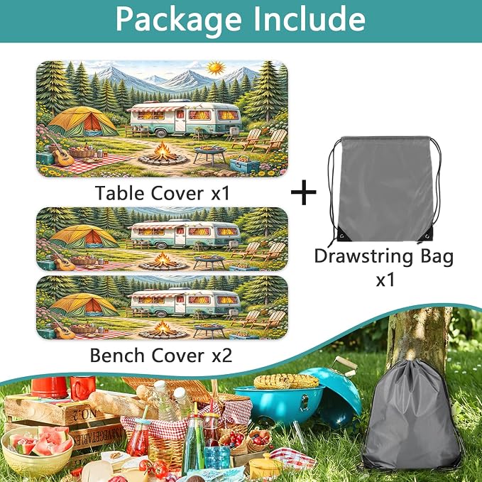Happy Camping Picnic Table Cover with Bench Covers & Bag, Camping Essentials, RV Tent Forest Mountain Waterproof Windproof Fitted Tablecloth Cover with Elastic Edge for Outdoor Garden 3 PCS 30x72Inch