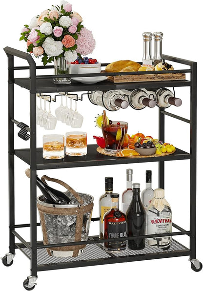3 Tier Bar Cart, Small Beverage Cart, Mini Bar Cart with Wine Rack, Home Bar Serving Cart with Wheels for Kitchen Dining Living Room (Black, General) GBC507B