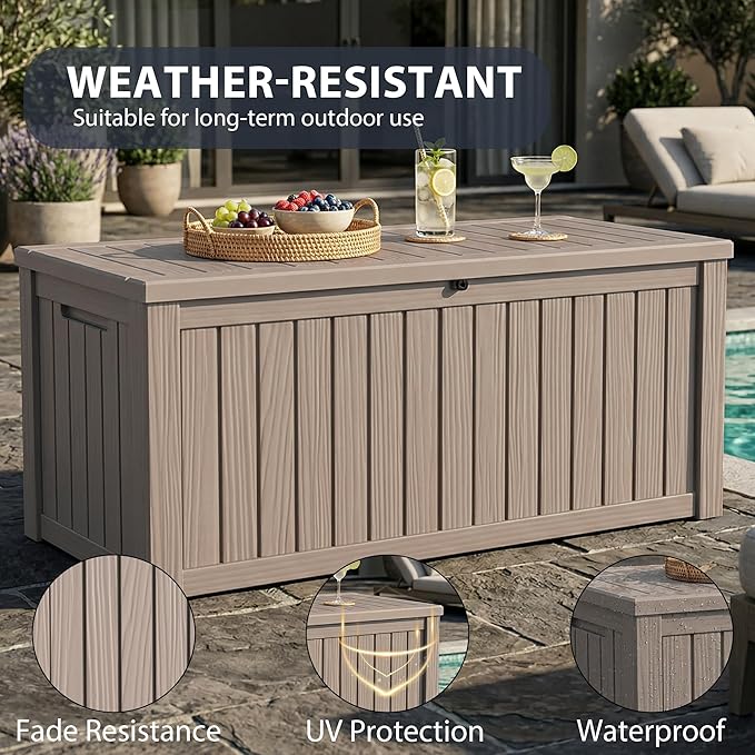 150 Gallon Large Outdoor Storage Box Waterproof, UV Resistant Resin Deck Box with Hydraulic Rod for Patio Furniture,Garden Tools,Cushions, Easy to Installl（Grey）