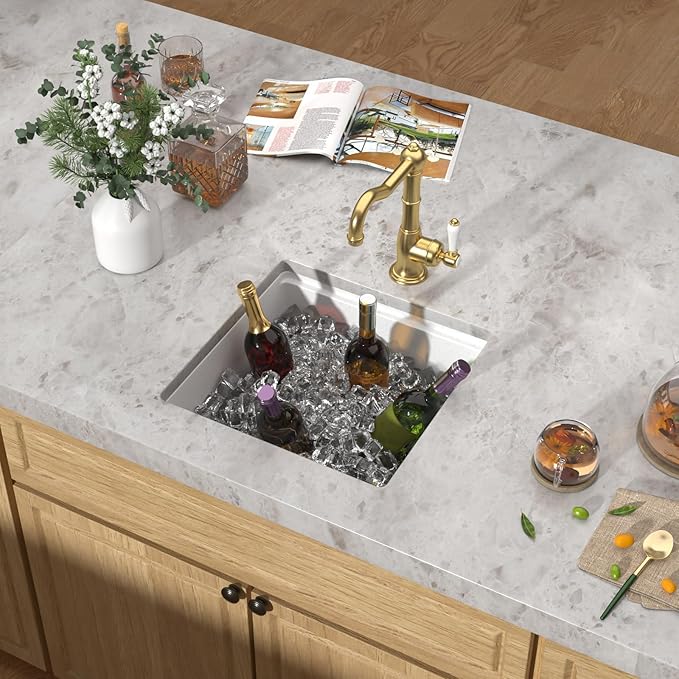 18x18 Inch Undermount Bar Sink Workstation - White Granite Composite All-In One Single Bowl Classic Quartz Wet Prep Sink with Cutting Board for Kitchen Bar, RV, Boat, and Outdoor #TLGU-131