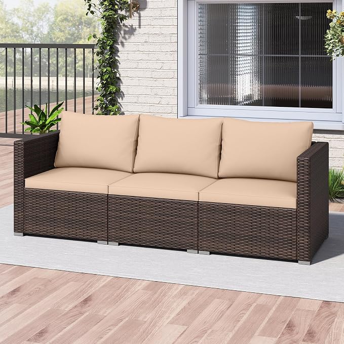 Tangkula 3 Seat Outdoor Wicker Sofa Set, Modular PE Rattan Patio Cushioned Sectional Couch Set, Outside Furniture Set for Deck, Backyard, Porch, Garden & Poolside (Brown-Beige)