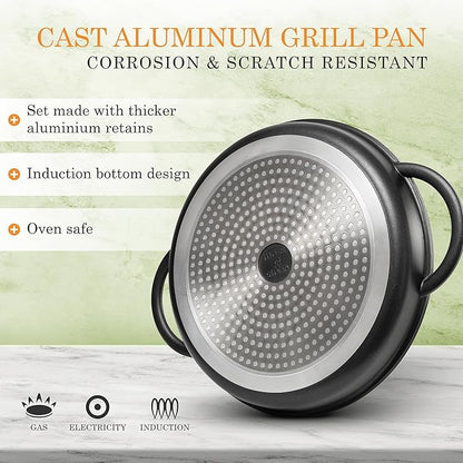 Moss & Stone 12” Nonstick Grill Pan for Indoor Cooking, Cast Aluminum Griddle Pan for Stove Top & Induction, Dishwasher & Oven Safe, Grill Pan with Lid, Silicone Handles, PFOA Free