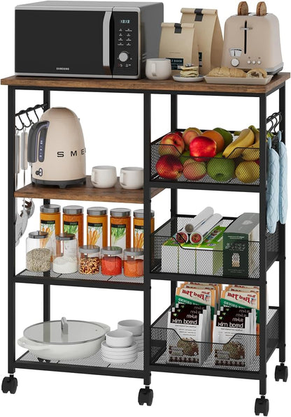 SWTYMIKI Microwave Cart with Storage - 28.35x14.57in Rolling Kitchen Table Cart with Storage Shelves, 6 Removable Hooks& Locking Casters, Coffee Bar Cabinet for Dining Room Pantry Office, Espresso