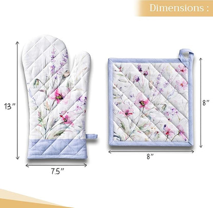 Maison d' Hermine 100% Cotton Oven Mitt & Pot Holder Set (7.5"x13" & 8"x8") Heat Resistant BBQ Cooking Gloves with Loop Baking Grilling Kitchen Hotel Home Farmhouse Spring Summer (Summer Floral)