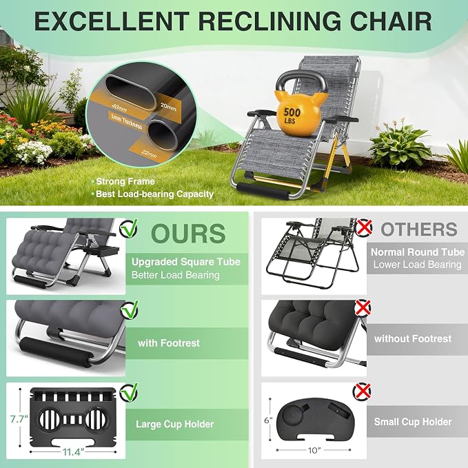 Suteck Oversized Zero Gravity Chair, 500LBS 33" XXL Reclining Lounge Chairs | W/Removable Cushion&Headrest, Upgraded Lock, Big Cup Holder and Footrest, Reclining Camping Chair Recliner for Indoor Outdoor