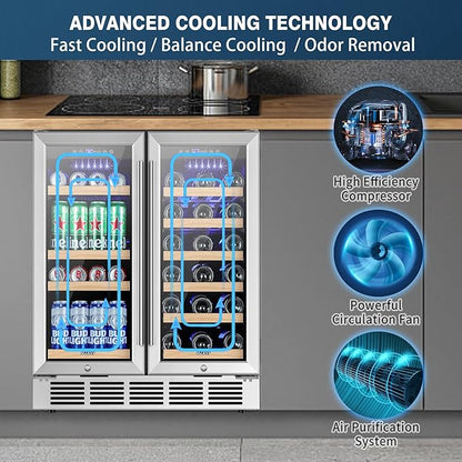 30 Inch Wine and Beverage Refrigerator, Dual Zone Wine Fridge with Quiet & Upgraded Cooling System, Large Capacity Beverage Cooler, Built-In or Freestanding, Holds 30 Bottles and 110 Cans