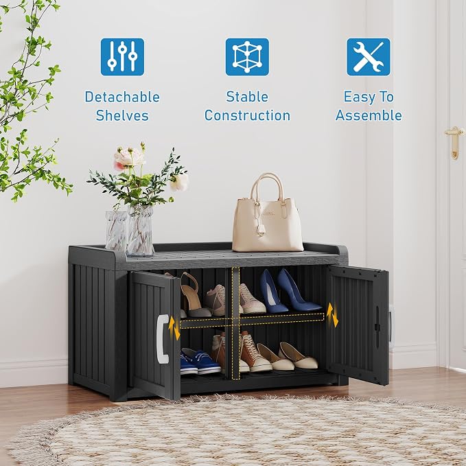 NUNU LAB Shoe Cabinet for Entryway,Waterproof Shoe Storage Cabinet with Adjustable Shelves for Living Room,Resin Storage Bench with Seat for Hallway,Shoe Bench with Doors for Foyer(Black, 2-Door)