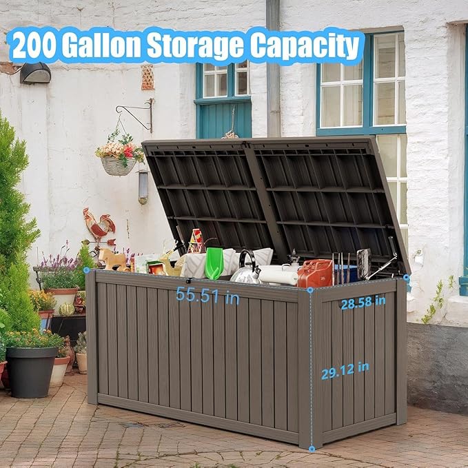 Vixzen 200 Gallon Deck Boxes Outdoor Waterproof, Resin Lockable Storage Box for Patio Cushions Storage Furniture, Garden Tools, Pool Supplies, Weatherproof and UV Resistant (Grey, 200 Gallon)