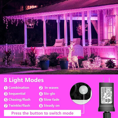 YEGUO 33ft 400 LED Pink Icicle Lights, 80 Drops Icicle Lights for Outside Connectable, 8 Modes String Christmas Light with Memory Timer