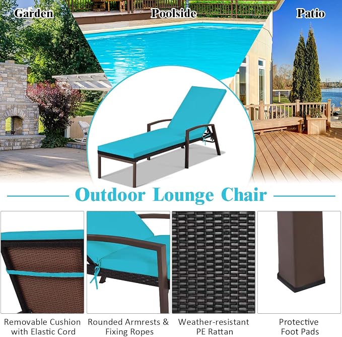 Tangkula Patio Rattan Lounge Chair, Outdoor Reclining Chaise with Cushion and Armrest, Wicker Sun Lounger with Adjustable Backrest for Garden, Balcony, Poolside (1, Turquoise)