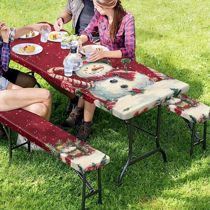 3 PCS Fitted Picnic Table Cover with Bench Cover Fitted Rectangle Tables and Seats Christmas Candy Snowman Outdoor Picnic Table Cover for Camping Red