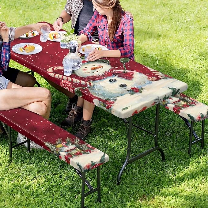 3 PCS Fitted Picnic Table Cover with Bench Cover Fitted Rectangle Tables and Seats Christmas Candy Snowman Outdoor Picnic Table Cover for Camping Red