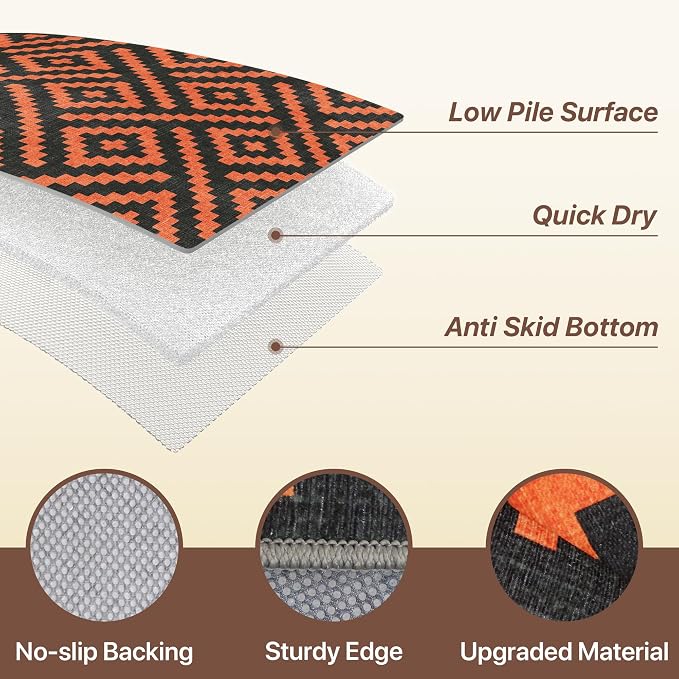 GENIMO Outdoor Rug 3'x5' Waterproof for Porch, Plastic Door Mat Orange Noir | Outside Modern Carpet for Patio Decor, Balcony, Deck, Backyard, Picnic, Camping, RV, Reversible, Foldable, Lightweight