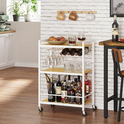TUTOTAK Bar Cart with Wheels, Drink Cart with Wine Rack and Glass Holder | 3-Tier 23.7 Inch Wide Home Bar Serving Carts, Small Mobile Kitchen Shelf with 6 Hooks BC01BOW030