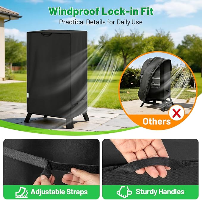 40 Inch Electric Smoker Cover for Masterbuilt, Heavy Duty Waterproof Outdoor Square Vertical Smoker Grill Cover with Windproof Straps & Handles, All-Weather Fade Resistant, Black