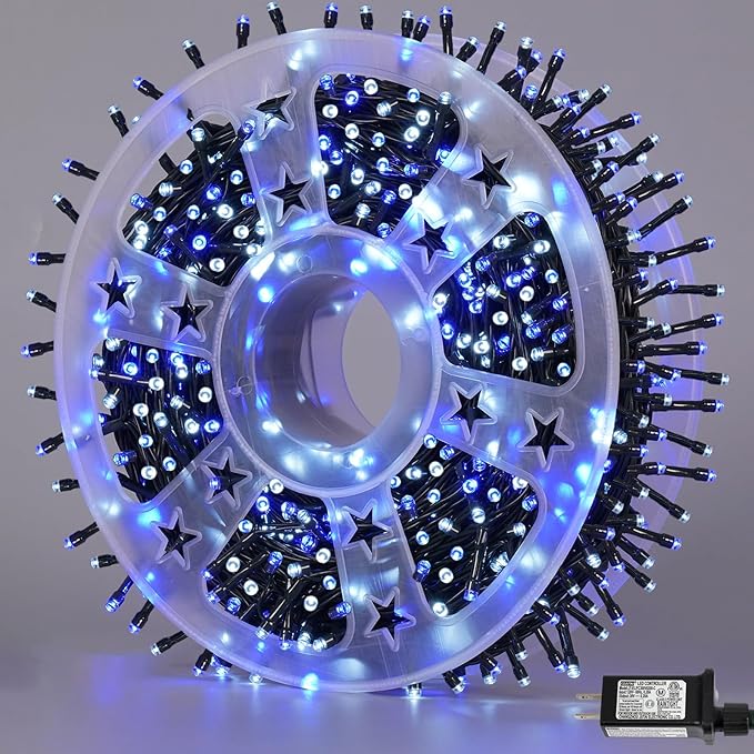 YEGUO 165ft 500 LED String Lights Outdoor Waterproof, Blue and White Christmas Light Indoor, 8 Modes Green Wire Twinkle Tree Lights Plug in with Memory Timer
